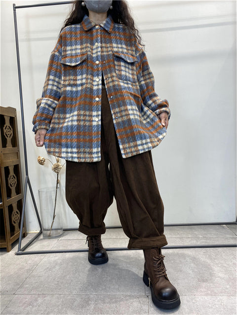 Plus Size Kvinder Vintage Plaid Vinterskjortejakke