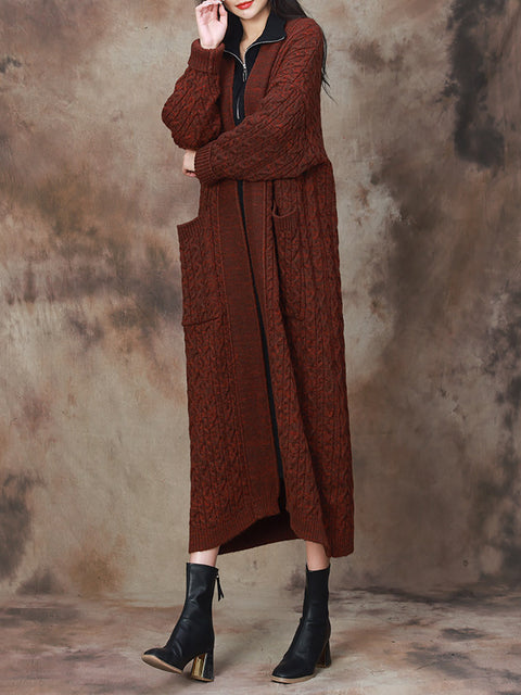 Kvinder Vinter Solid Vintage strikket Maxi Coat