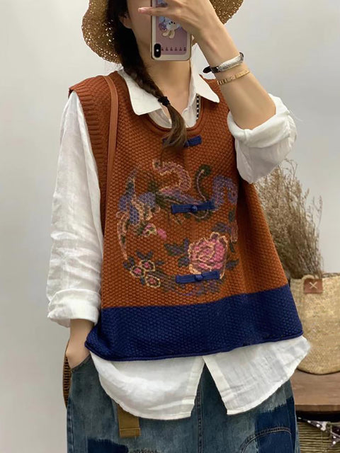 Kvinder Retro Flower Print Colorblock Vest