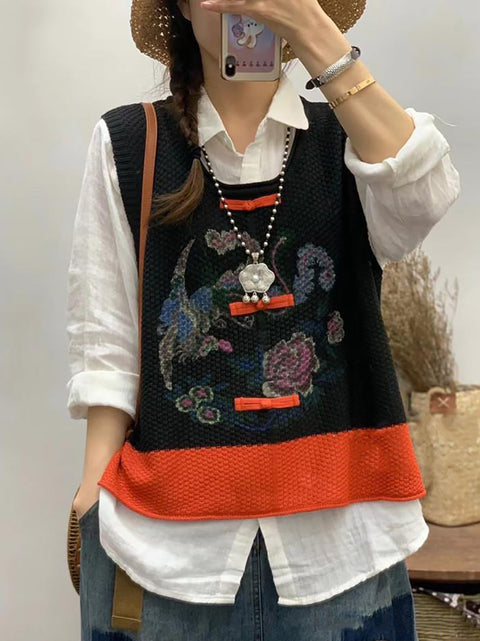 Kvinder Retro Flower Print Colorblock Vest