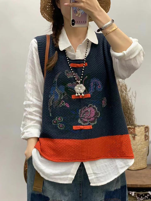 Kvinder Retro Flower Print Colorblock Vest