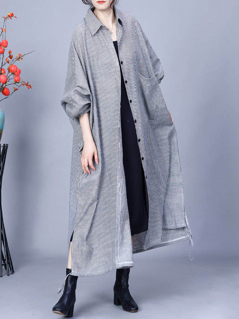 Women Casual Stripe Cotton Linen Loose Long Coat