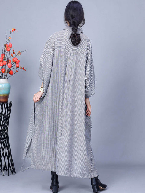 Women Casual Stripe Cotton Linen Loose Long Coat