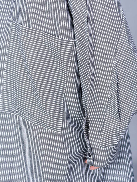 Kvinder Casual Stripe Bomuld Linned Løs lang frakke