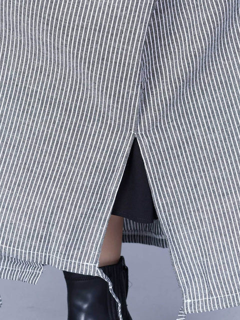 Kvinder Casual Stripe Bomuld Linned Løs lang frakke