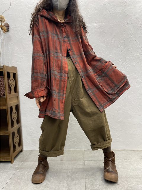 Plus Size Kvinder Vintage Plaid Spring Hooded Shirt Coat