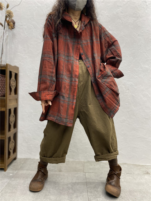 Plus Size Kvinder Vintage Plaid Spring Hooded Shirt Coat