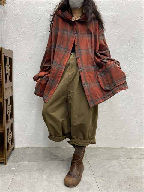 Plus Size Kvinder Vintage Plaid Spring Hooded Shirt Coat