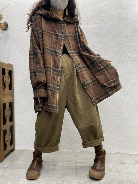 Plus Size Kvinder Vintage Plaid Spring Hooded Shirt Coat