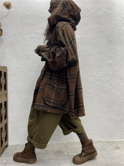 Plus Size Kvinder Vintage Plaid Spring Hooded Shirt Coat