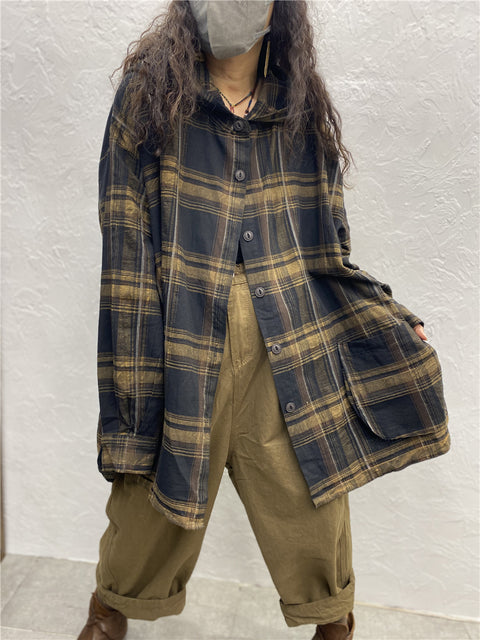 Plus Size Kvinder Vintage Plaid Spring Hooded Shirt Coat