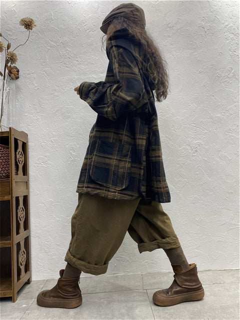 Plus Size Kvinder Vintage Plaid Spring Hooded Shirt Coat