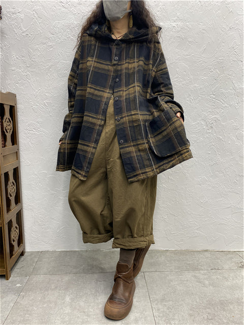 Plus Size Kvinder Vintage Plaid Spring Hooded Shirt Coat