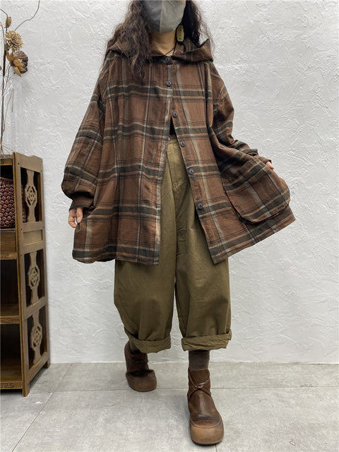 Plus Size Kvinder Vintage Plaid Spring Hooded Shirt Coat