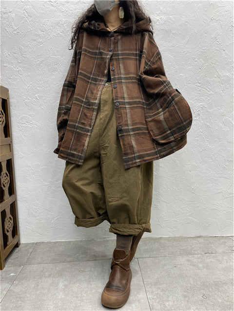 Plus Size Kvinder Vintage Plaid Spring Hooded Shirt Coat