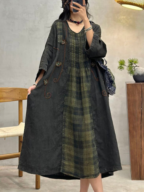 Women Spring Vintage Plaid Spliced Shirred Linen Dress