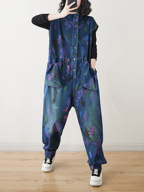 Kvinder Artsy Print Spring Denim Jumpsuits