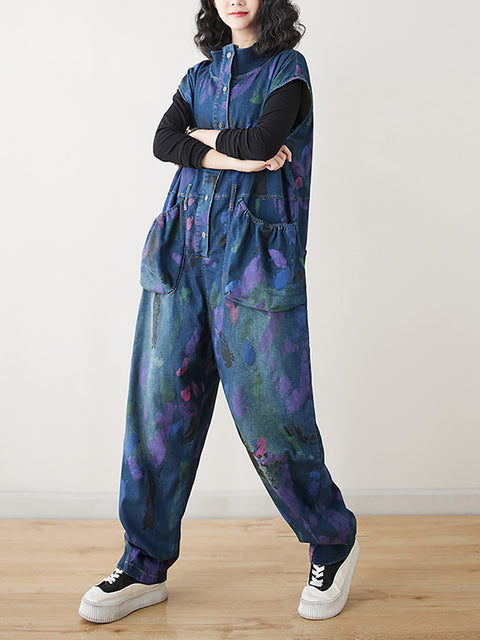 Women Artsy Print Spring Denim Jumpsuits