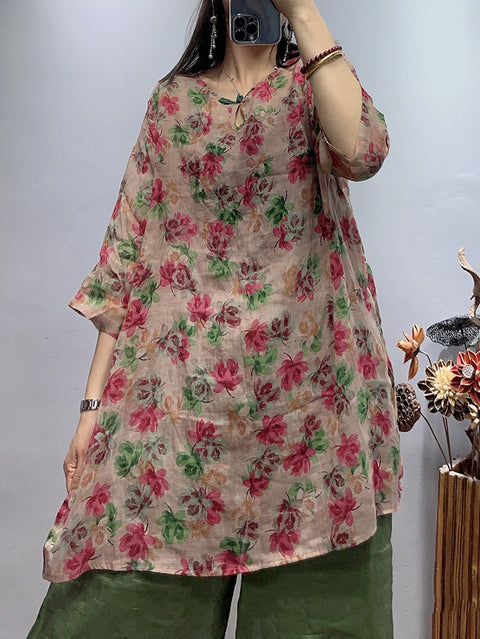 Plus Size Kvinder Vintage Flower Sommer Løs Ramie skjorte