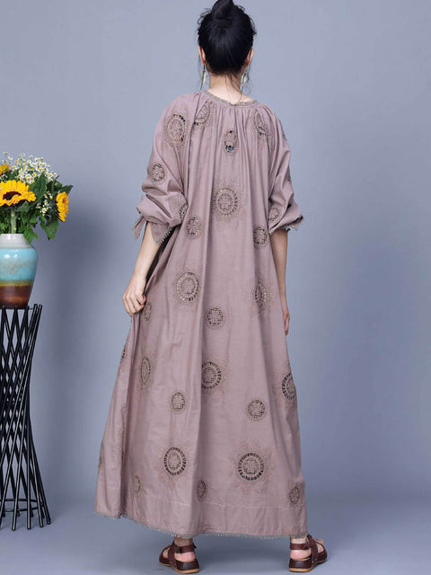 Kvinder Artsy Spring Solid Brodery Bomuld Maxi Kjole