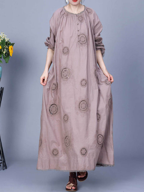 Women Artsy Spring Solid Embroidery Cotton Maxi Dress