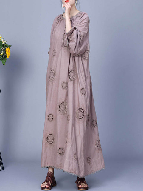 Women Artsy Spring Solid Embroidery Cotton Maxi Dress