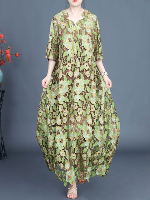 Kvinder Artsy Summer Flower Lace Maxi-kjole med to lag