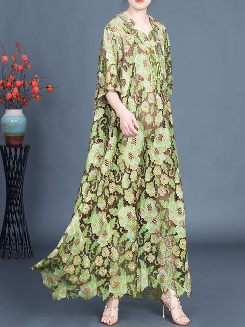 Women Artsy Summer Flower Lace Dual-layer Maxi Dress