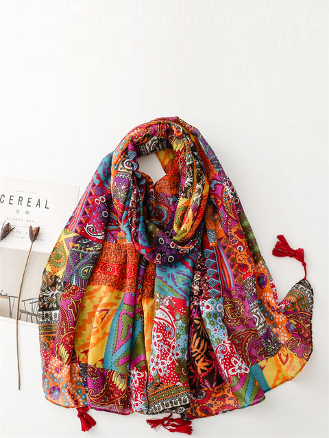 Women Summer Vintage Spliced Tassel Shawl Scarf