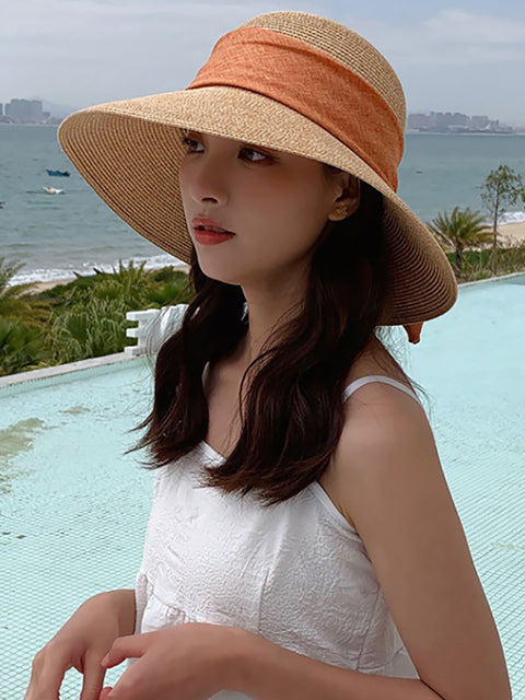 Kvinder Summer Straw Colorblock Sunproof Travel Hat