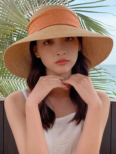 Women Summer Straw Colorblock Sunproof Travel Hat