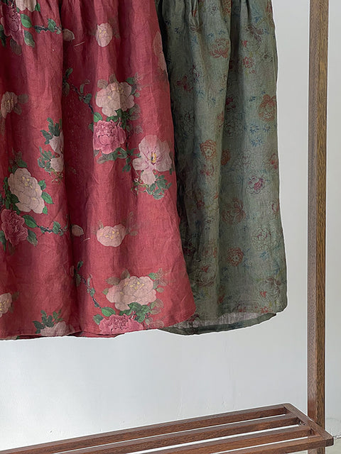 Kvinder Sommer Vintage Flower Løs Linen Nederdel