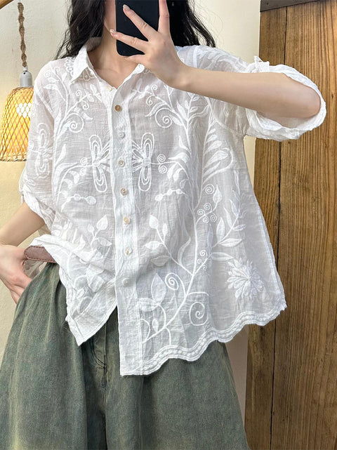 Kvinder Artsy Flower Brodery Turn-down Collar Shirt