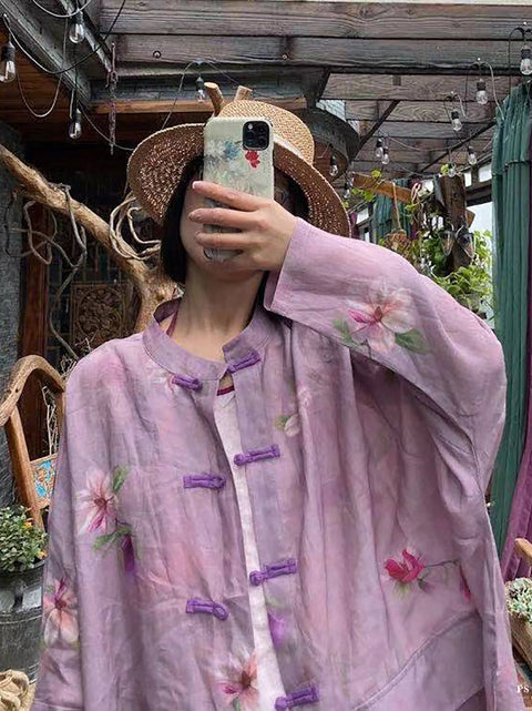 Kvinder Summer Vintage Flower Button-up Ramie Shirt Coat