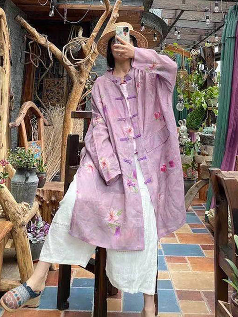 Kvinder Summer Vintage Flower Button-up Ramie Shirt Coat