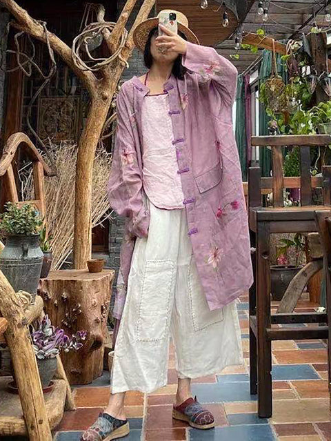 Kvinder Summer Vintage Flower Button-up Ramie Shirt Coat