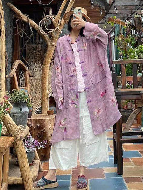 Kvinder Summer Vintage Flower Button-up Ramie Shirt Coat