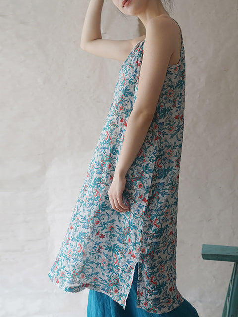 Kvinder Summer Vintage Floral Ramie Vest Kjole