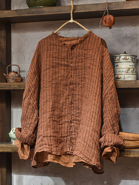 Women Autumn Vintage Stripe Raw-edge Linen Shirt