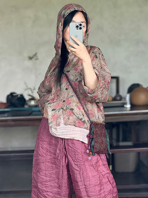 Women Vintage Flower Thin Summer Linen Hooded Shirt