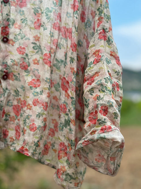 Kvinder vintage blomst tynd sommer linned hætteskjorte