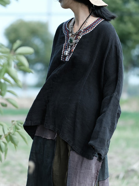 Women Ethnic Autumn Spliced Batwing Sleeve Linen Shirt