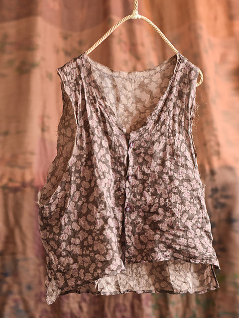 Kvinder Artsy Floral Summer Ramie V-hals vest