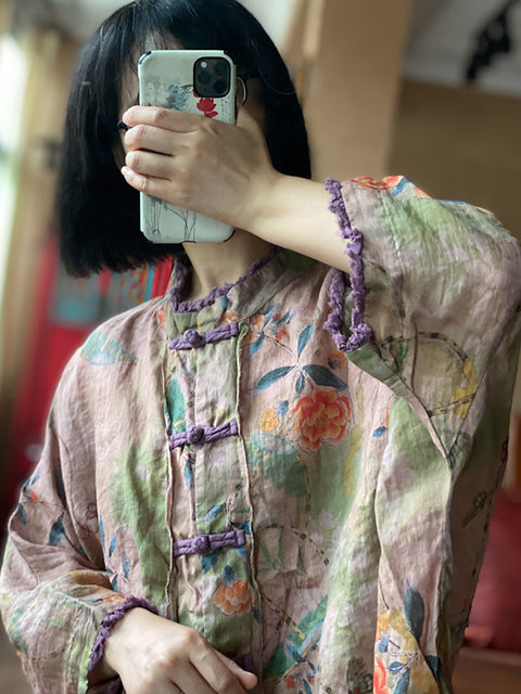 Kvinder Sommer Etnisk Flower Button Linned Shirt