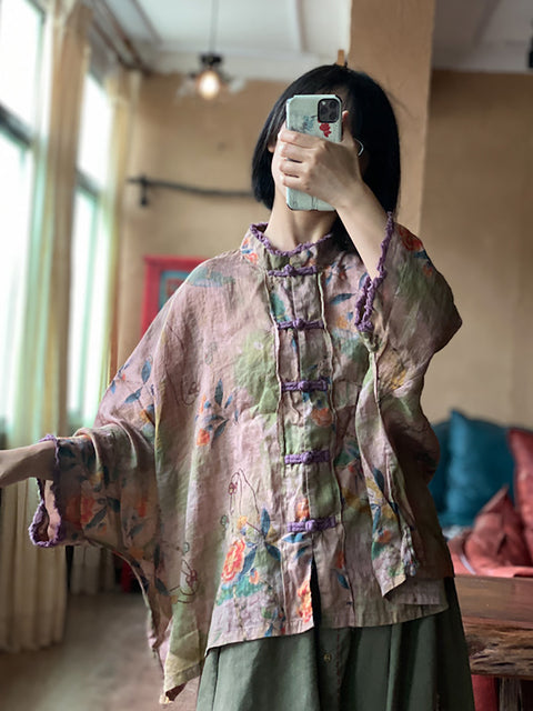 Kvinder Sommer Etnisk Flower Button Linned Shirt