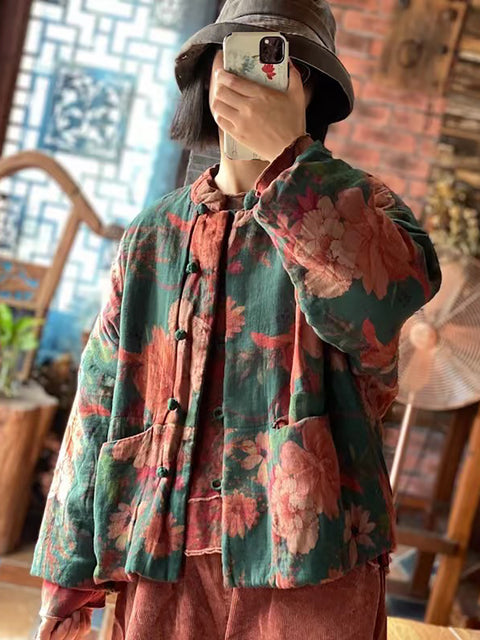 Kvinder Autumn Ethnc Flower Button Pocket Cotton Coat