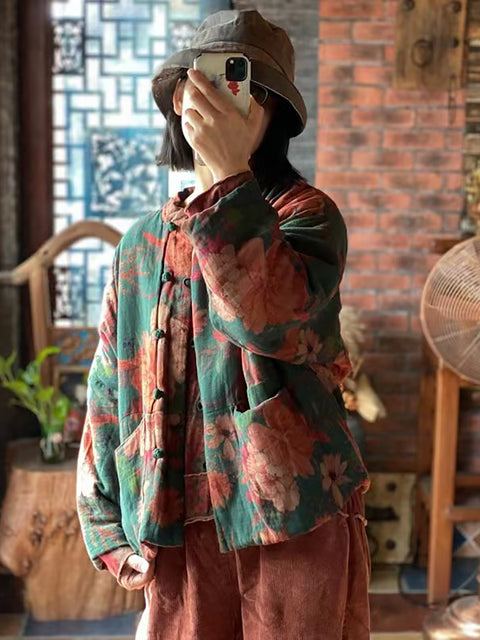 Kvinder Autumn Ethnc Flower Button Pocket Cotton Coat