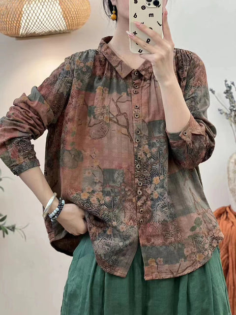 Women Vintage Autumn Flower Button-up Cotton Blouse