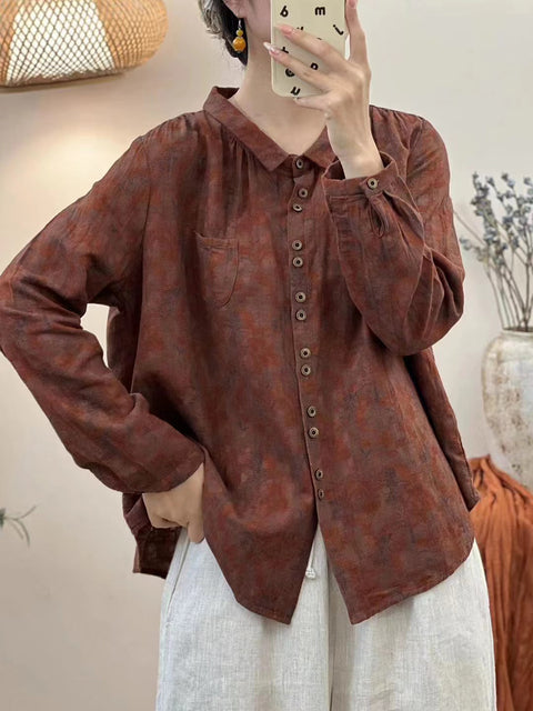 Kvinder Vintage Autumn Flower Button-up bomuldsbluse