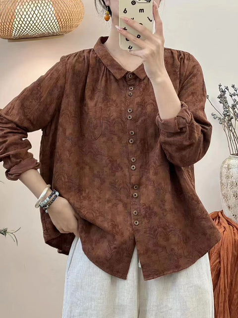 Kvinder Vintage Autumn Flower Button-up bomuldsbluse